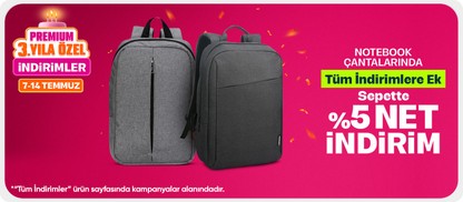Notebook Çantalarında Tüm İndirimlere Ek Sepette %5 Net İndirim