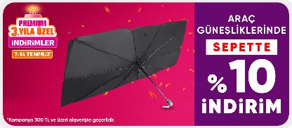 Araç Güneşliklerinde 300 TL Üzeri Sepette %10 indirim
