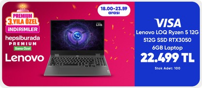 "Lenovo LOQ Ryzen 5 12G 512G SSD RTX3050 6GB Laptop 22499 TL stok 100"