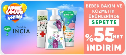 INCIA ve Siveno Bebek Bakım ve Kozmetik Ürünlerinde Sepette Net %55 İndirim
