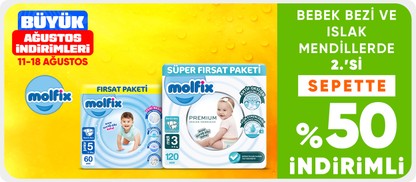 Bebek bezi ve ıslak mendillerde  2.’si sepette %50 indirimli