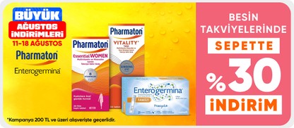 Pharmaton ve Enterogermina Besin Takviyelerinde 100 TL ve Üzerine Sepette %30 İndirim