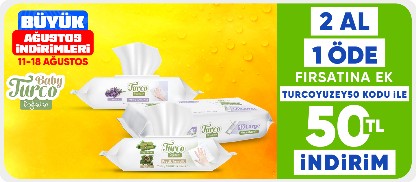 Yüzey temizleme havlularında 2 al 1 öde fırsatına ek TURCOYUZEY50 kodu ile 50 TL İndirim