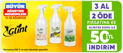 Bitkisel temizlik ürünlerinde 3 al 2 ödeye ek GLİNT50 kodu ile 50 TL indirim