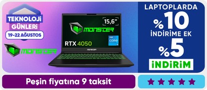 Monster Laptoplarda %10 İndirime Ek Sepette %5 İndirim