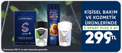 700 TL ve Üzeri Kişisel Bakım & Kozmetik Alışverişine S Sport Plus 3 Ay Sadece 299 TL!