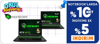 Monster Notebooklarda %10 Net İndirime Ek %5 İndirim