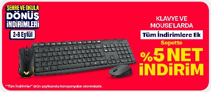 Klavye & Mouse'larda Tüm İndirimlere Ek Sepette %5 Net İndirim