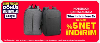Notebook Çantalarında Tüm İndirimlere Ek Sepette %5 Net İndirim
