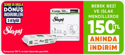Bebek bezi ve ıslak mendillerde tüm indirimlere ek 150 TL anında indirim
