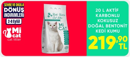 20 L Aktif Karbonlu Kokusuz Doğal Bentonit Kedi Kumu 219,90 TL