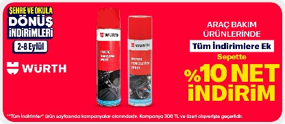 Würth Araç Bakım Ürünlerinde 300 TL Üzeri Sepette %10 indirim