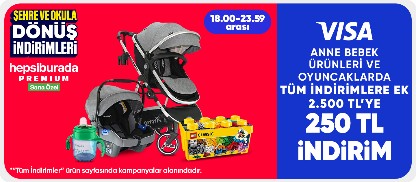 Anne bebek ürünleri ve oyuncaklarda  tüm indirimlere ek 2.500 TL'ye 250 TL indirim