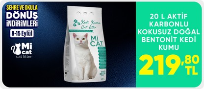 20 L Aktif Karbonlu Kokusuz  Doğal Bentonit Kedi Kumu  219,80 TL