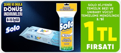 Solo hijyenik temizlik bezi ve Unibaby vücüt temizleme mendilinde  2.’si 1 TL fırsatı