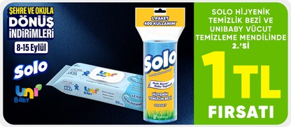 Solo hijyenik temizlik bezi ve Unibaby vücüt temizleme mendilinde  2.’si 1 TL fırsatı