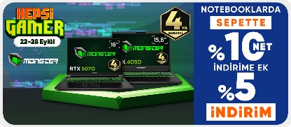 Monster Notebooklarda %10 Net İndirime Ek %5 İndirim