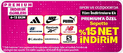 Spor ve outdoor ürünlerinde tüm indirimlere ek premiuma özel sepette %15 net indirim
