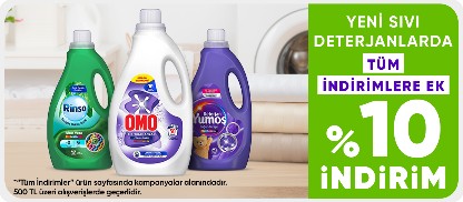 Yeni Sıvı Deterjanlarda  Tüm İndirimlere Ek  %10 İndirim