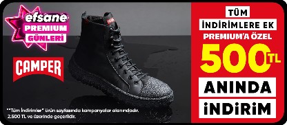 Camper İndirimlere ek premiuma özel 2500 TL'ye 500 TL kupon indirimi