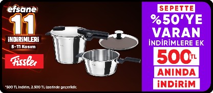 "Fissler ürünlerinde Sepette %50'ye varana ek 500 TL kupon (2500 tlye 500 tl) (2500e 500, 15000e 1000, 20000e 2000 kupon)"