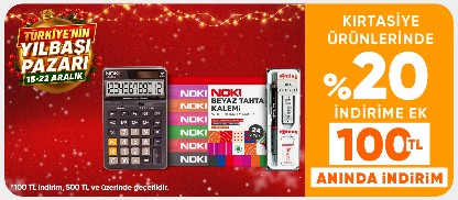 Kırtasiye Ürünlerinde  %20 İndirime Ek 500 TL'ye 100 TL Kupon