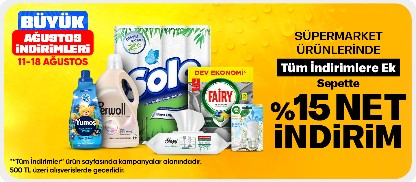 Süpermarket ürünlerinde sepette %15 net indirim