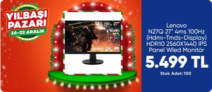 Lenovo N27Q 27" 4ms 100Hz (Hdmı-Tmds-Display) HDR10 2560X1440 IPS Panel Wled Monitör 67C2GAC1TK