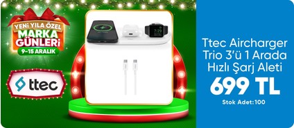 Ttec Aircharger Trio 3’ü 1 Arada iPhone Uyumlu + Apple Watch Uyumlu + Airpods Kablosuz Hızlı Şarj Aleti