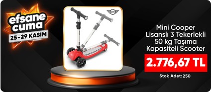 Mini Cooper 3 Tekerlekli Katlanabilir Ayarlanabilir Işıklı 50 kg Taşıma Kapasiteli Scooter Kırmızı