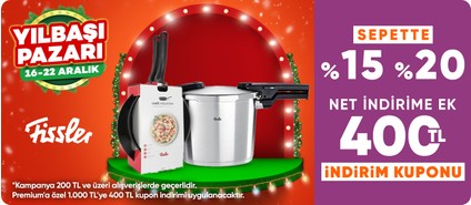 Fissler ürünlerinde Sepette %15-%20 net indirime ek Premiuma Özel 1.000 TL'ye 400 TL kupon