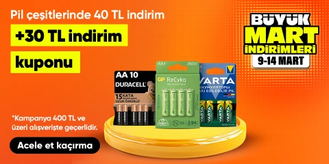 Pil çeşitlerinde 40 TL indirim +30 TL indirim kuponu*