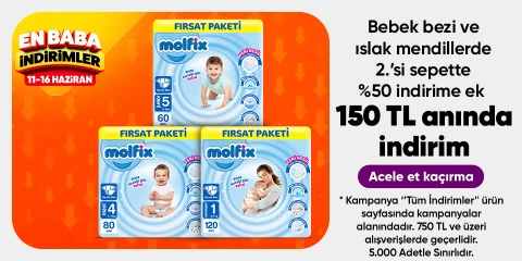 Bebek bezi ve ıslak mendillerde 2.’si sepette %50 indirime ek  150 TL anında indirim