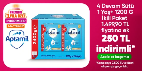 Aptamil 4 Devam Sütü 1200 Gr 1 Yaş+ Mega Size İkili Paket 1499,90 TL Üstelik 2500 TL Üzerine 250 TL İndirim"