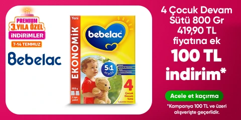Bebelac 4 Çocuk Devam Sütü 800 Gr 419,90 TL Üstelik 100 TL üzerine 100 TL İndirim