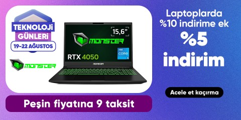 Monster Laptoplarda %10 İndirime Ek Sepette %5 İndirim