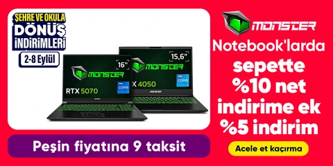 Monster Notebooklarda %10 Net İndirime Ek %5 İndirim