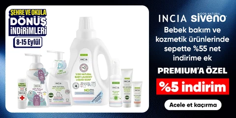 INCIA ve Siveno Bebek Bakım ve Kozmetik Ürünlerinde Sepette Net %55 İndirime Ek %5 Premium İndirimi