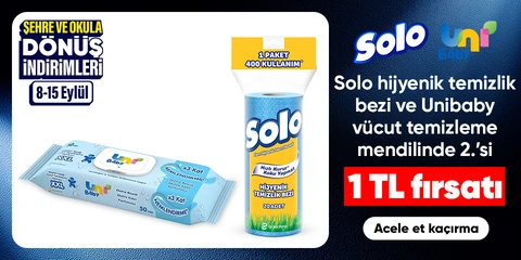 Solo hijyenik temizlik bezi ve Unibaby vücüt temizleme mendilinde  2.’si 1 TL fırsatı