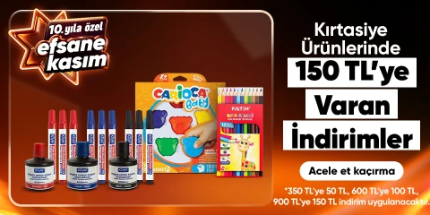Kırtasiye Ürünlerinde  350 TL'ye 50 TL,600 TL'ye 100 TL, 900 TL'ye 150 TL İndirim
