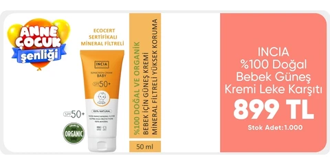 INCIA %100 Doğal Bebek Güneş Kremi Leke Karşıtı Mineral Filtreli Yüksek Koruma SPF50 UVA UVB 50 ml