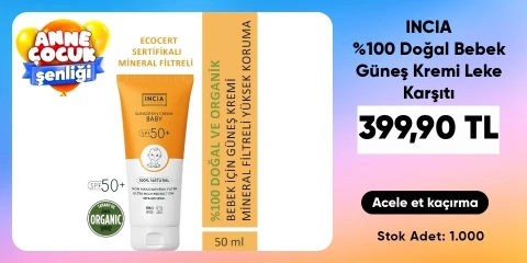 INCIA %100 Doğal Bebek Güneş Kremi Leke Karşıtı Mineral Filtreli Yüksek Koruma SPF50 UVA UVB 50 ml
