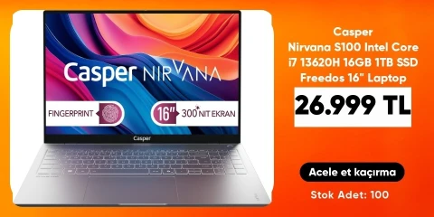 Casper Nirvana S100 Intel Core i7 13620H 16GB 1TB SSD Freedos 16" Taşınabilir Bilgisayar S100.1362-BF00X-G-F