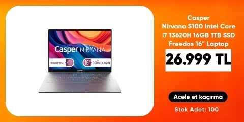 Casper Nirvana S100 Intel Core i7 13620H 16GB 1TB SSD Freedos 16" Taşınabilir Bilgisayar S100.1362-BF00X-G-F