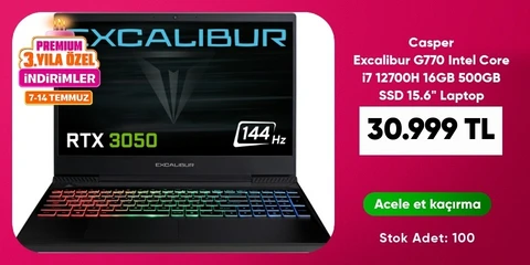 Casper Excalibur G770 Intel Core i7 12700H 16GB 500GB SSD RTX3050 15.6" Laptop