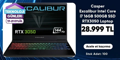 Casper Excalibur Intel Core i7 16GB 500GB SSD RTX3050 Laptop