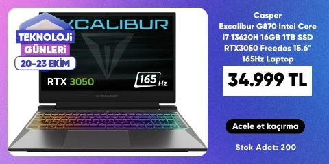 Casper Excalibur G870 Intel Core i7 13620H 16GB 1TB SSD RTX3050 Freedos 15.6" 165Hz Taşınabilir Bilgisayar G870.1362-BFJ0X-C