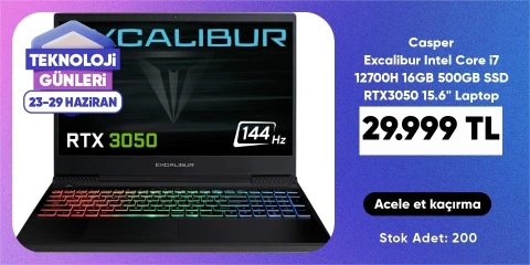 Casper Excalibur Intel Core i7 12700H 16GB 500GB SSD RTX3050 15.6" Laptop