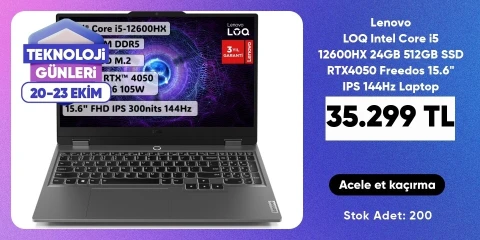 Lenovo LOQ Intel Core i5 12600HX 24GB 512GB SSD RTX4050 Freedos 15.6" IPS 144Hz Taşınabilir Bilgisayar 83GS00P6TR