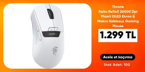 Throne Raito RefleX 26000 Dpi Pixart PAW 3395 OLED Ekran \u0026 Makro Yazılım PTFE Kaplama 59gr RGB Kablosuz Gaming Mouse (2.4Ghz + BT + Type-C)